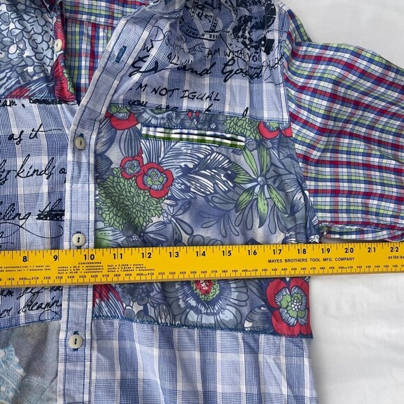 90's Desigual Long Sleeve Plaid Patchwork Floral Button Up‎ Shirt Unisex Mens M - Picture 9 of 12